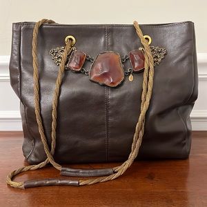 Maya Chinky Embellished Brown Leather Chain Straps Tote Style Bag Made in Italy